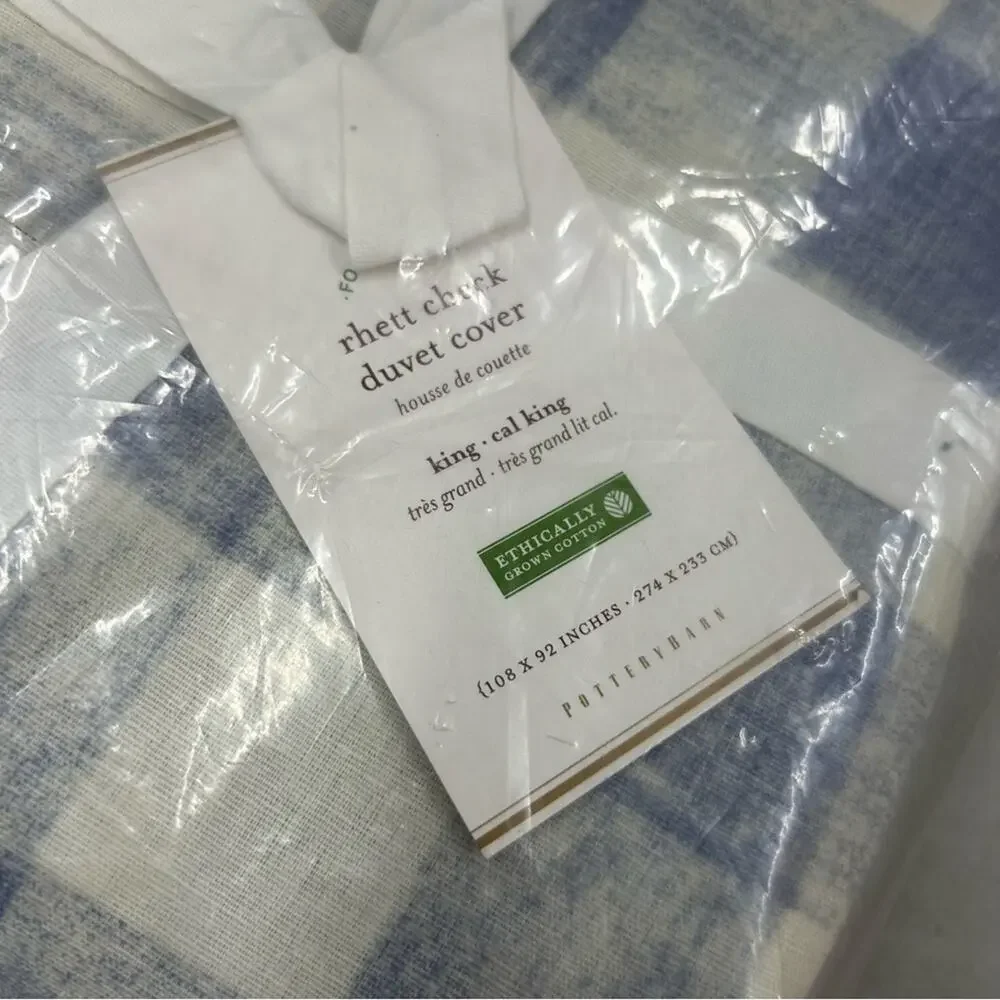 Pottery Barn Rhett Buffalo Check Cotton Duvet Cover Blue White KING / CAL KING